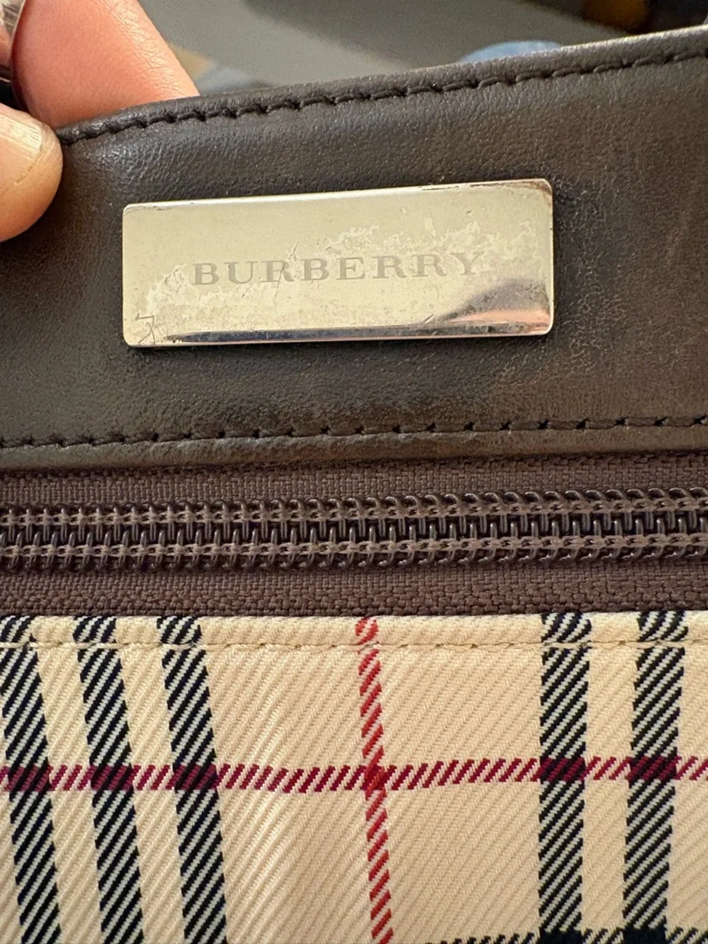 Burberry Beige Black Red Plaid Messenger Bag with Brown Strap